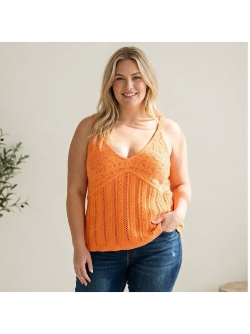 Addition Elle Orange Knit Tank Top 4X Plus Size Boho Crochet Lace Cami Summer